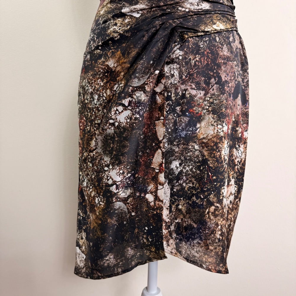 Helmut Lang Abstract Earth Tone Ruched Cowl Neck Sleeveless Sheath Dress Size 2 - Picture 7 of 13